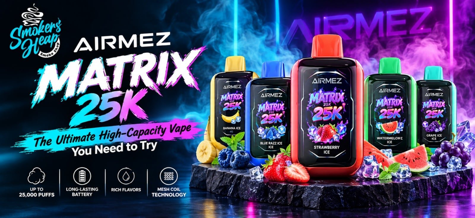 Airmez Matrix 25K high-capacity vape featured with multiple flavors