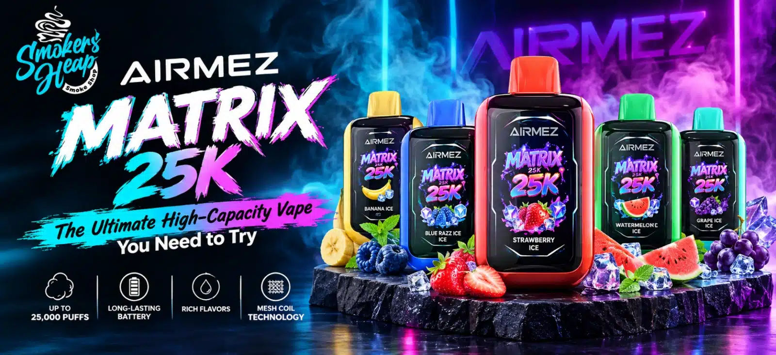 Airmez Matrix 25K high-capacity vape featured with multiple flavors