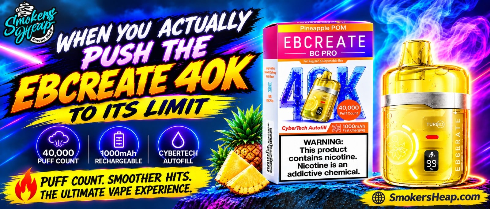 EBCreate 40K disposable vape featuring a high-capacity design, rechargeable battery, vibrant display, and modern ergonomic body for an extended vaping experience.