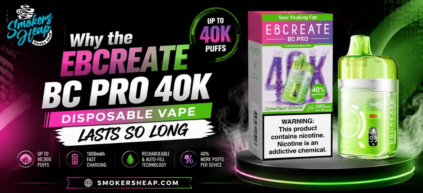 EBCreate BC Pro 40K disposable vape featuring a sleek high-capacity design, modern body, vibrant appearance, and rechargeable build for an extended vaping experience.