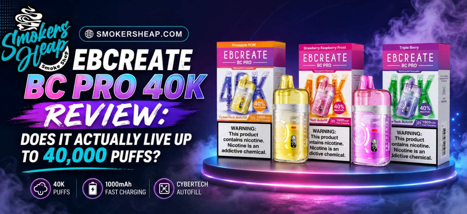 EBCreate BC Pro 40K review showing the high-capacity disposable vape with a sleek design, clear e-liquid tank, adjustable airflow, and rechargeable USB-C battery