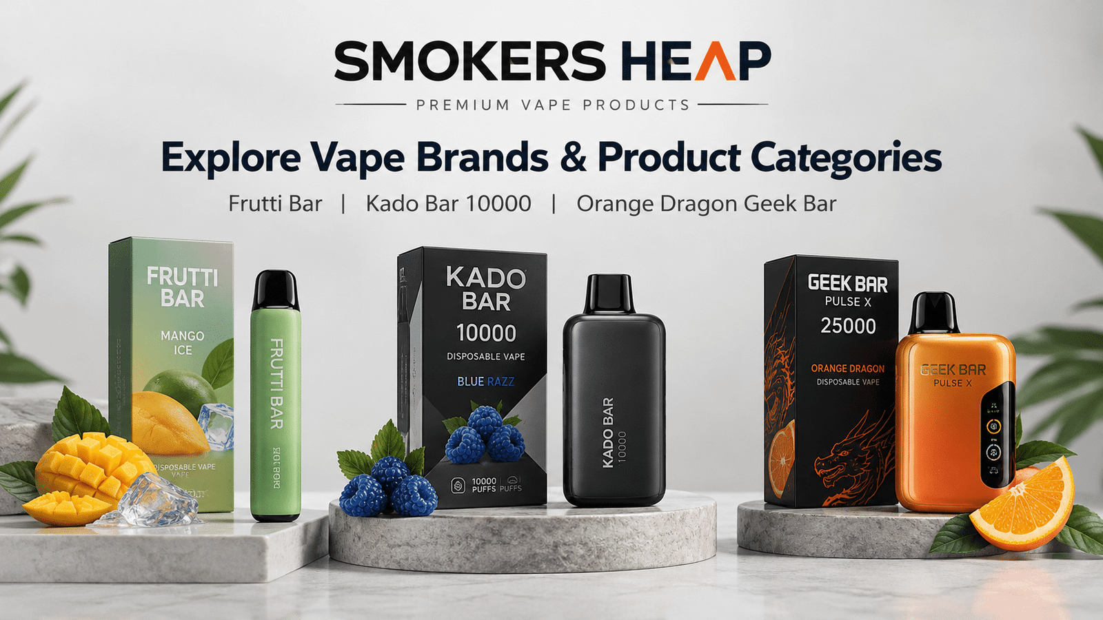 Popular vape brands and different types of vaping products, including disposable vapes, pod systems, and vape kits.