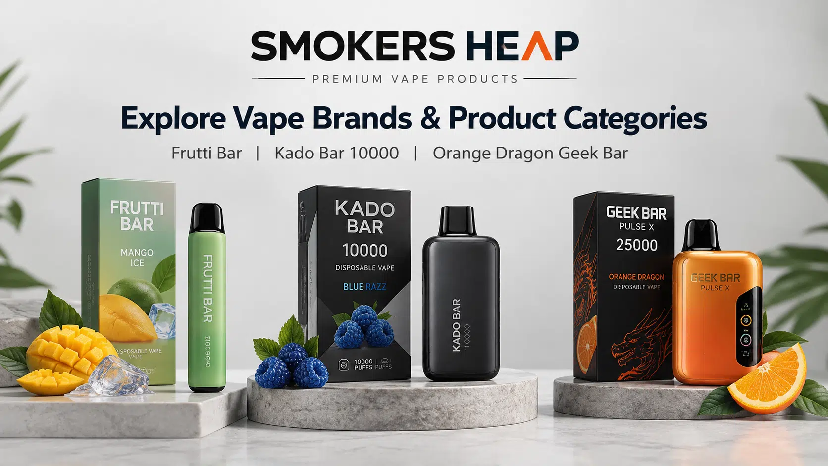 Popular vape brands and different types of vaping products, including disposable vapes, pod systems, and vape kits.