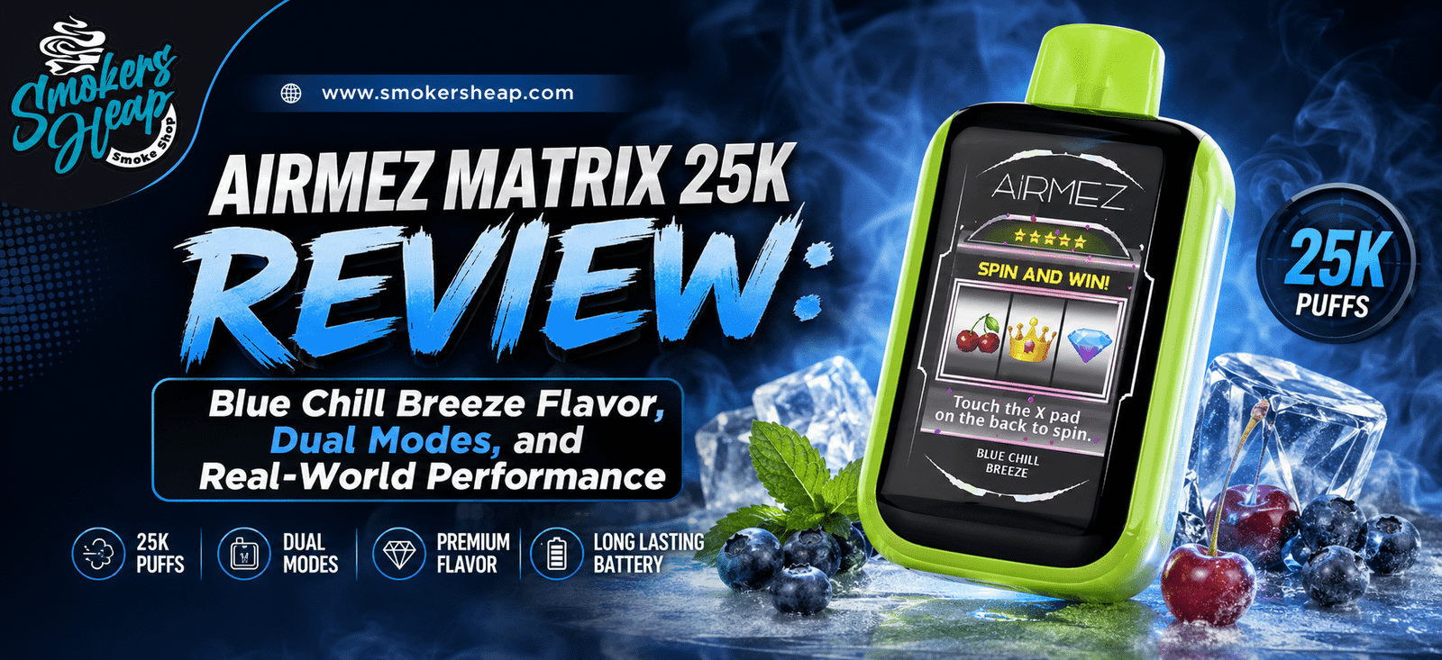 Airmez Matrix 25K Blue Chill Breeze vape review featuring the lime-green device, icy blue background, and 25K puffs badge