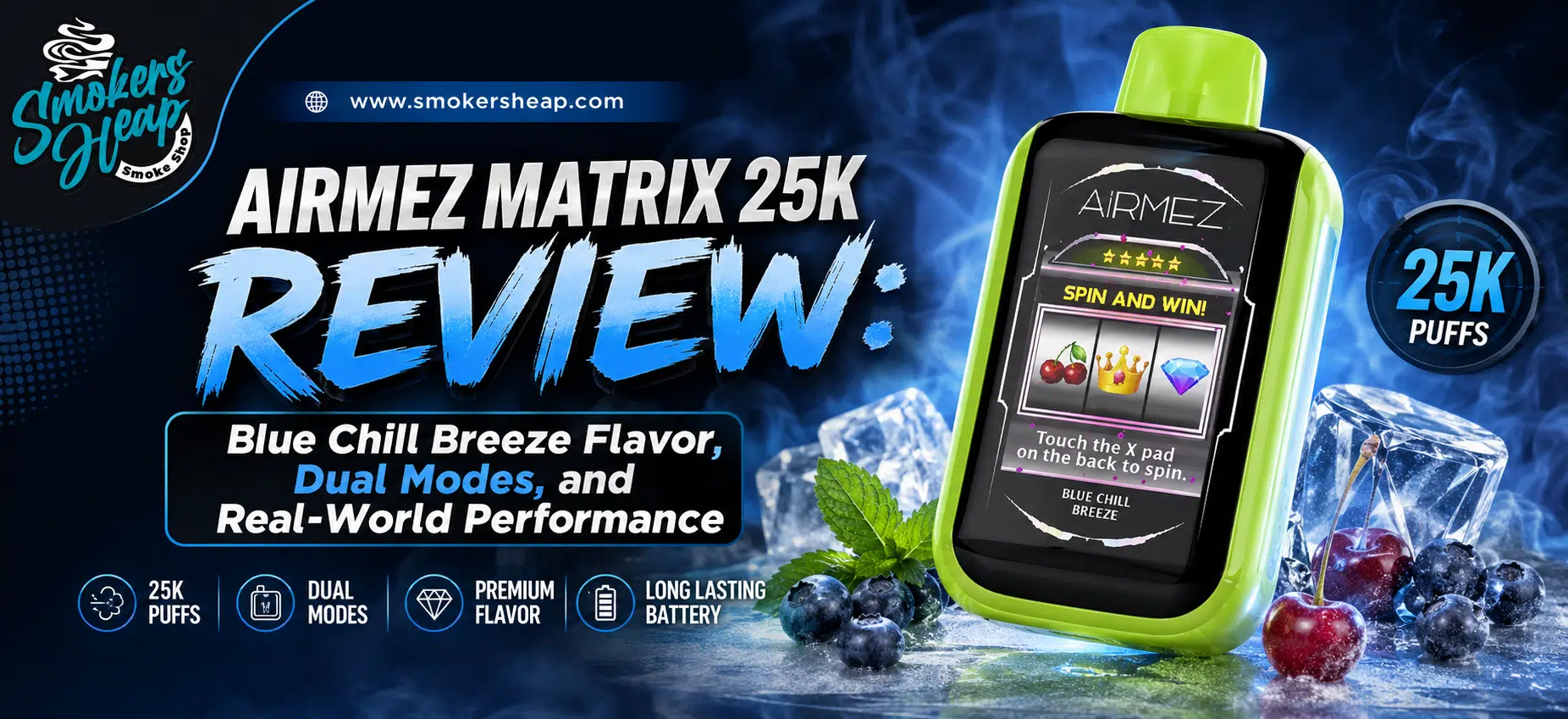 Airmez Matrix 25K Blue Chill Breeze vape review featuring the lime-green device, icy blue background, and 25K puffs badge
